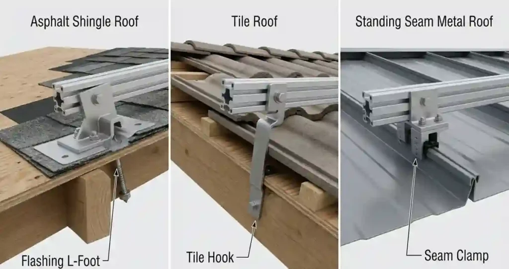 Roof Solar Panel Mounting Brackets comparison showing flashing L-foot, tile hook, and seam clamp systems