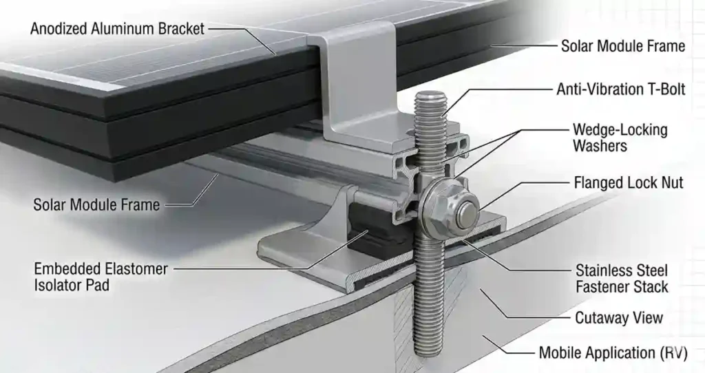 Solar Panel Mount Brackets for RV showing vibration-resistant fastener assembly with Nylock nut, thread-lock compound, stainless bolt, and aluminum bracket