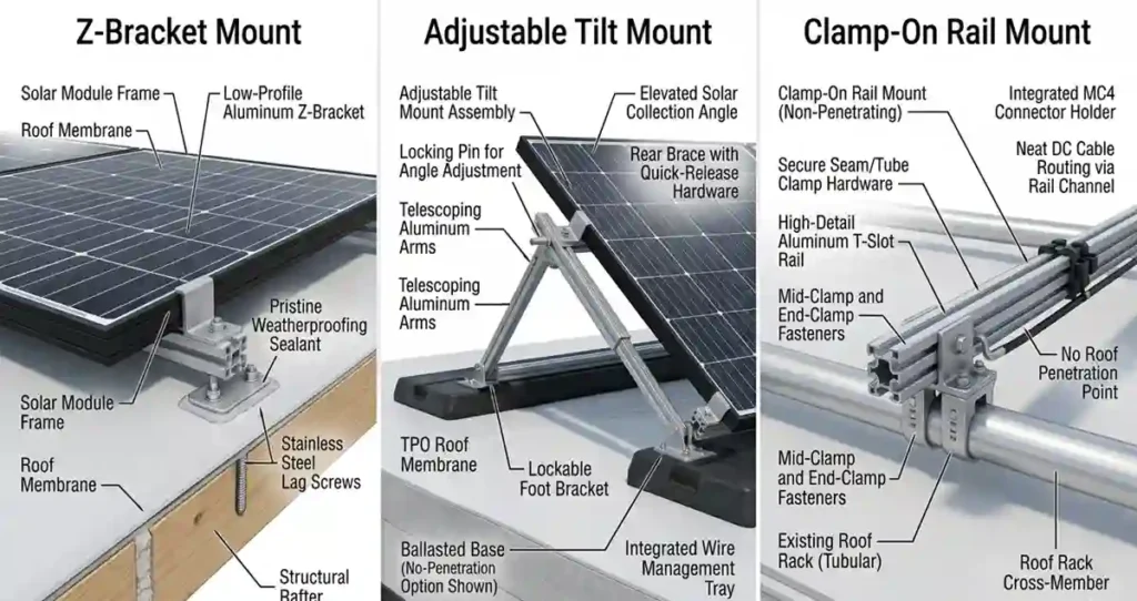 Solar Panel Mount Brackets for RV comparison showing Z-bracket, adjustable tilt mount, and clamp-on rail mount systems