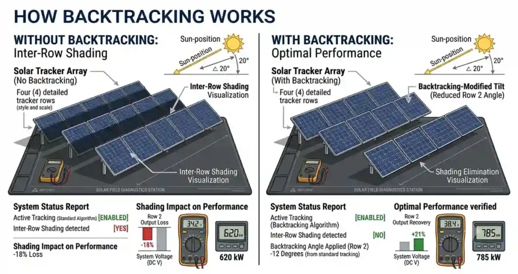 Backtracking algorithm illustration showing how solar tracker rows reduce inter-row shading.