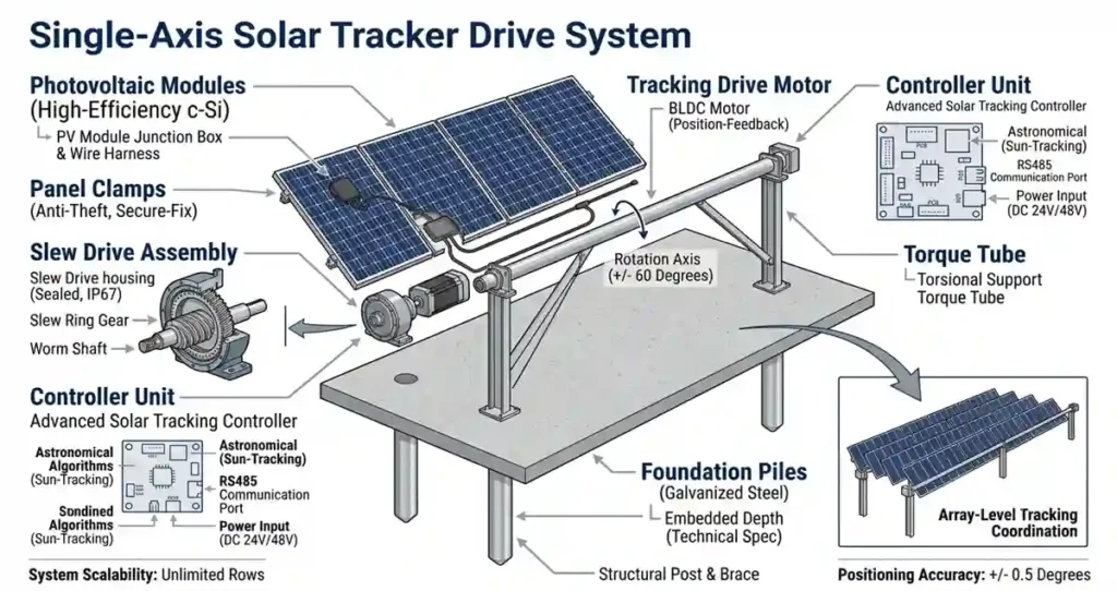 Engineering diagram showing the major components of a single axis solar tracker drive mechanism.