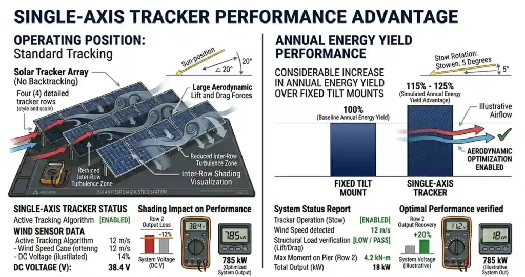 Comparison chart showing energy yield improvements from single-axis solar tracker systems across US regions.