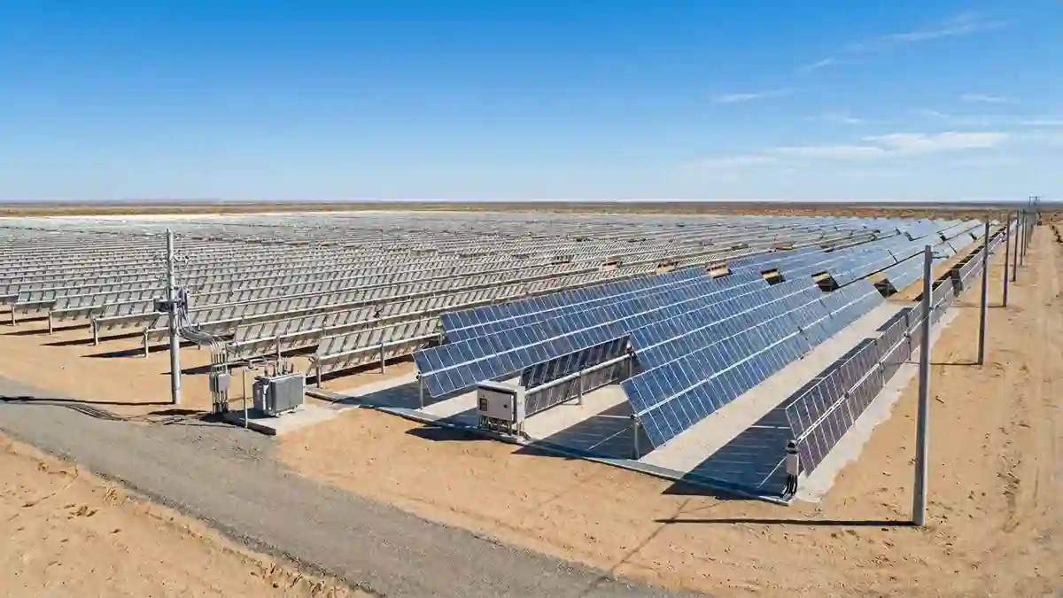 Utility-scale single axis solar tracker system rotating photovoltaic panels to maximize solar energy production.