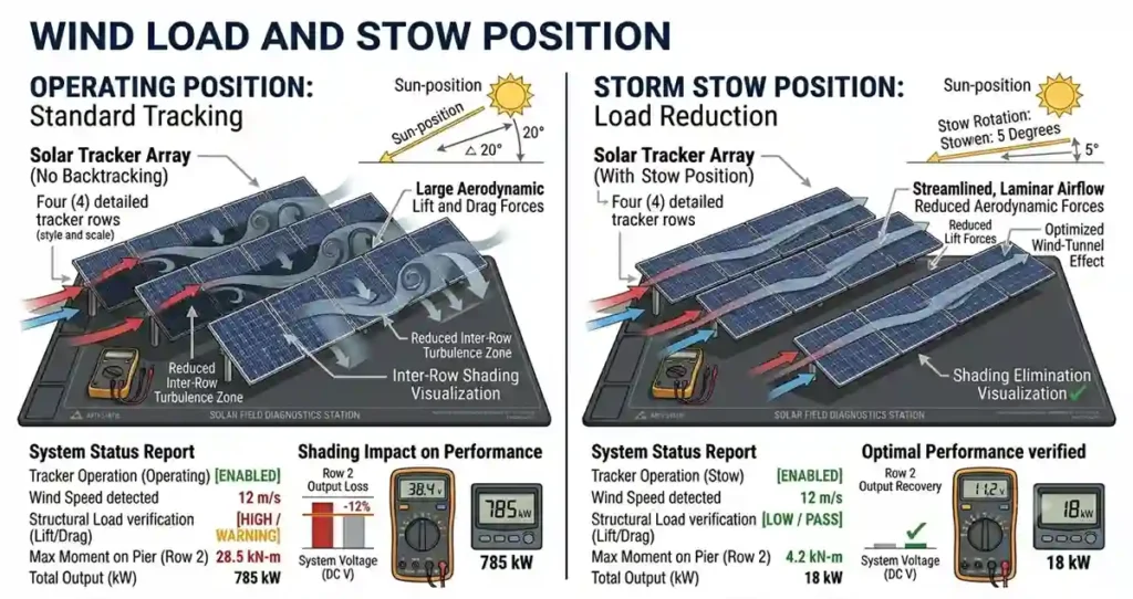 Solar tracker moving into storm stow position to reduce wind loading on the structure.