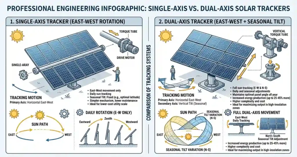 Comparison of single-axis and dual-axis solar tracker system movement and tracking capabilities.