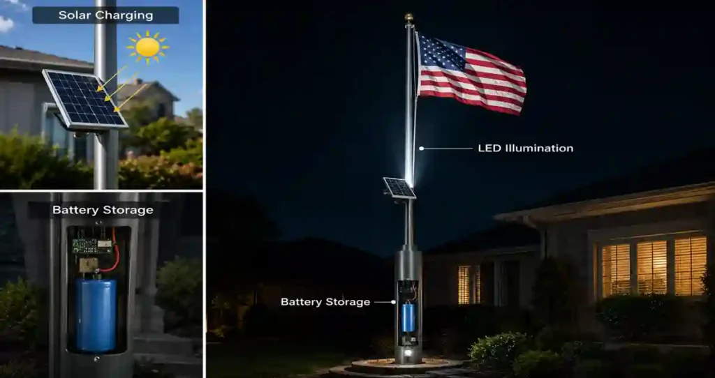 Solar flagpole light battery system designed for all night illumination