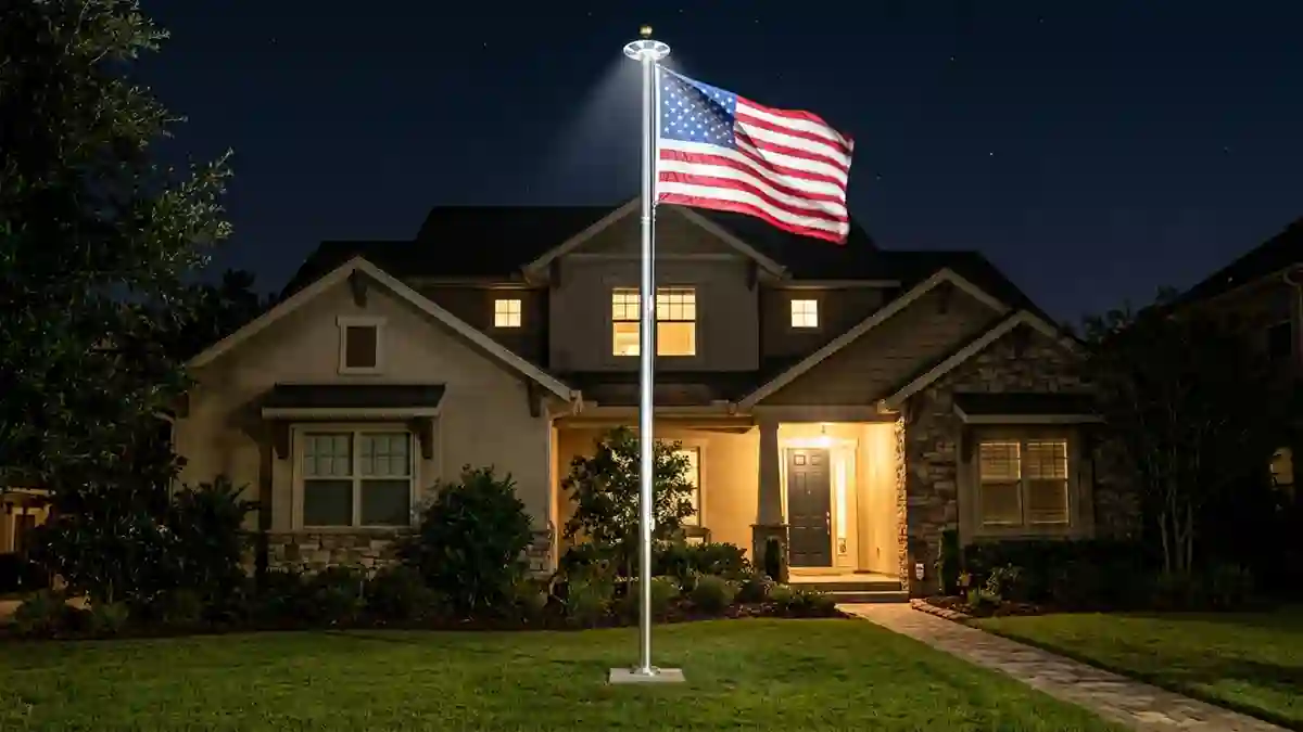 Solar flagpole light illuminating a flag at night with visible solar panel