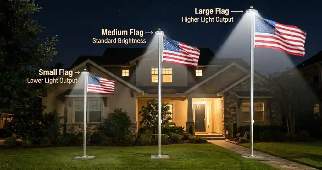 Solar flagpole light lumen sizing based on flag size and pole height