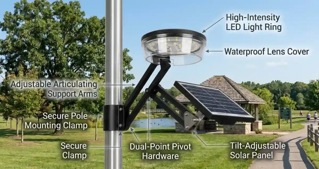 Solar flagpole light mounting options with adjustable solar panel placement