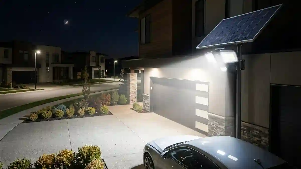 Solar security camera light with integrated LED light, solar panel, and outdoor camera system