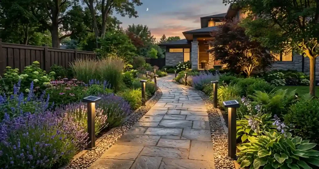 Solar garden lights placed correctly along a pathway for balanced outdoor illumination