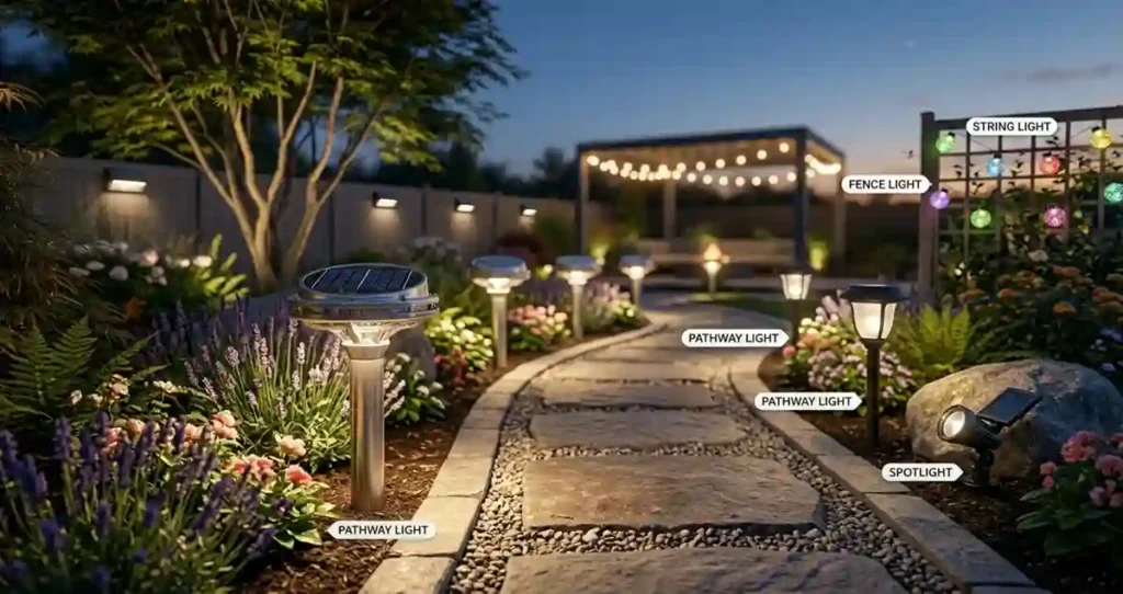 Different types of solar garden lights including pathway lights spotlights and decorative lights
