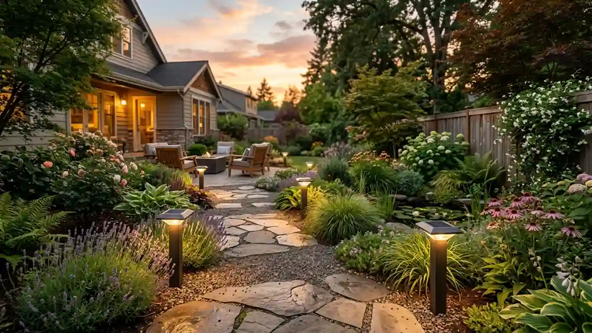 Solar garden lights with visible solar panels installed in a residential outdoor garden