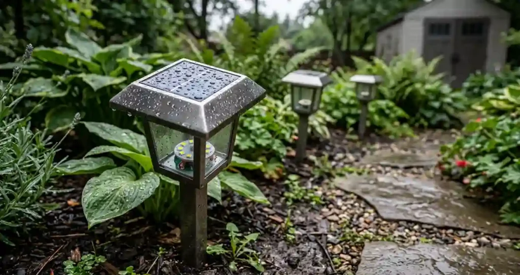 Weather resistant solar garden lights with waterproof outdoor protection