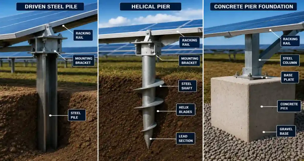 Comparison of driven steel pile, helical pier, and concrete pier foundations used in solar panel ground mounting systems