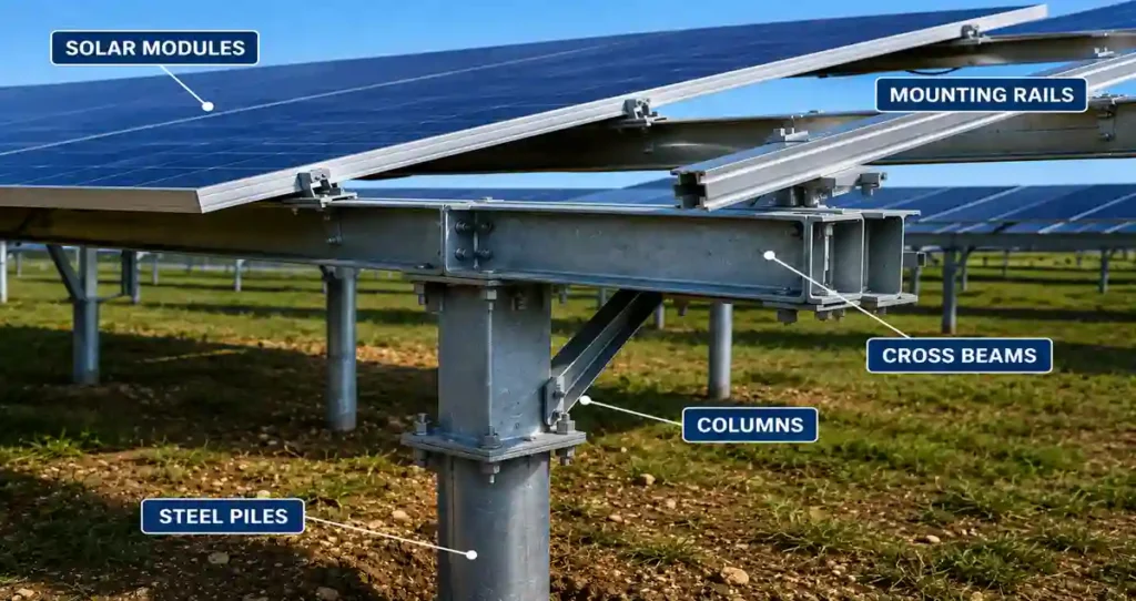 Ground-mounted solar racking structure showing steel piles, columns, cross beams, mounting rails, and solar modules