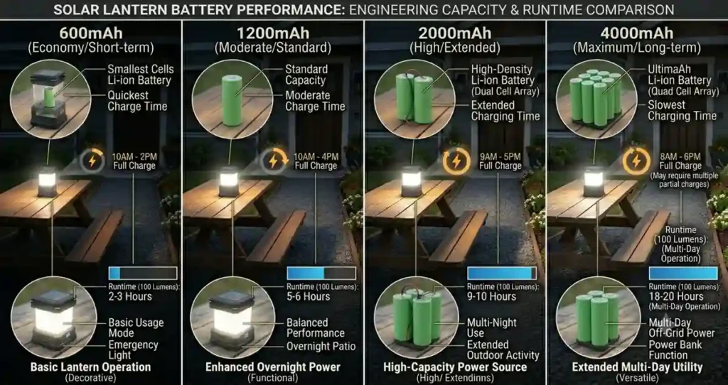Solar lantern battery capacity comparison showing runtime differences