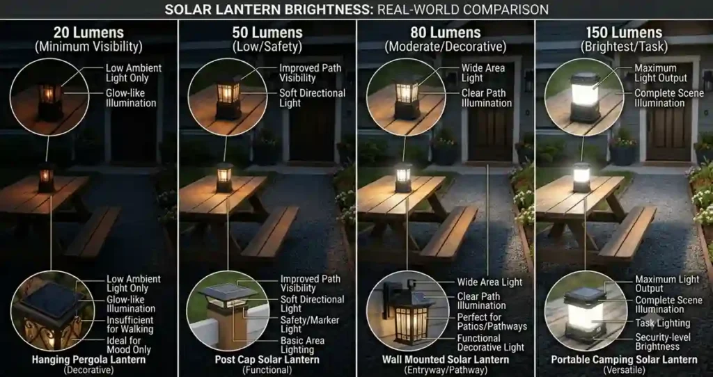 Comparison of solar lantern brightness from 20 lumens to 150 lumens