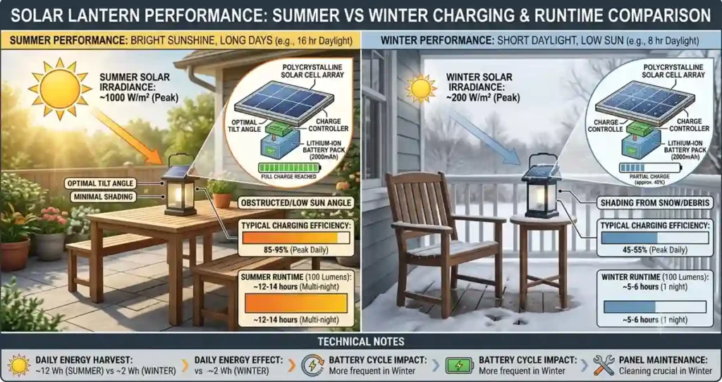 Solar lantern charging and runtime comparison between summer and winter
