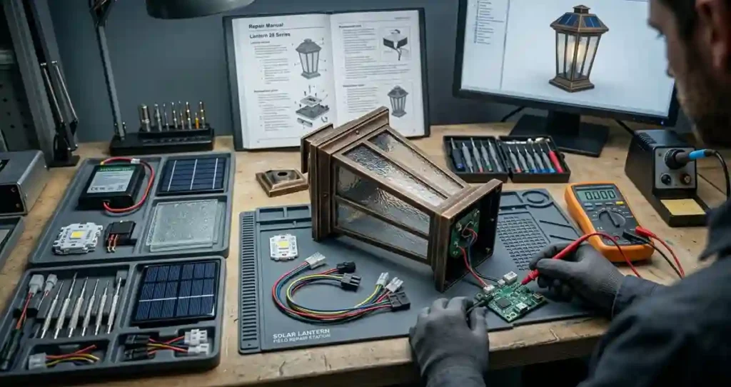 Solar Lantern Replacement Parts diagnostic process using a multimeter to identify failed components