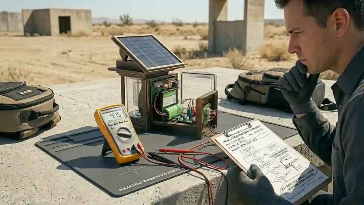 Solar Lantern Replacement Parts including batteries, solar panels, LED modules and repair tools on a workbench