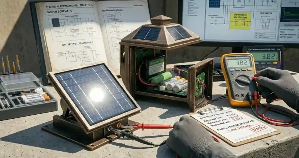 Testing a solar lantern solar panel with a multimeter before replacement