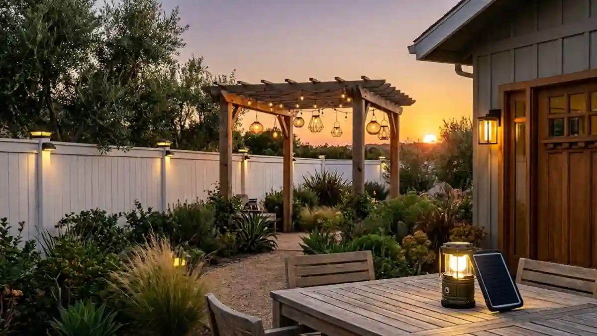 Different types of solar lanterns including hanging, wall mounted, post mounted and portable solar lanterns illuminated at night
