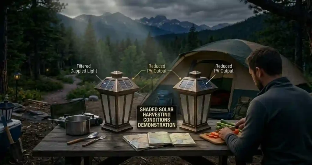 Solar Lanterns for Camping charging under tree cover with limited sunlight reaching the solar panel