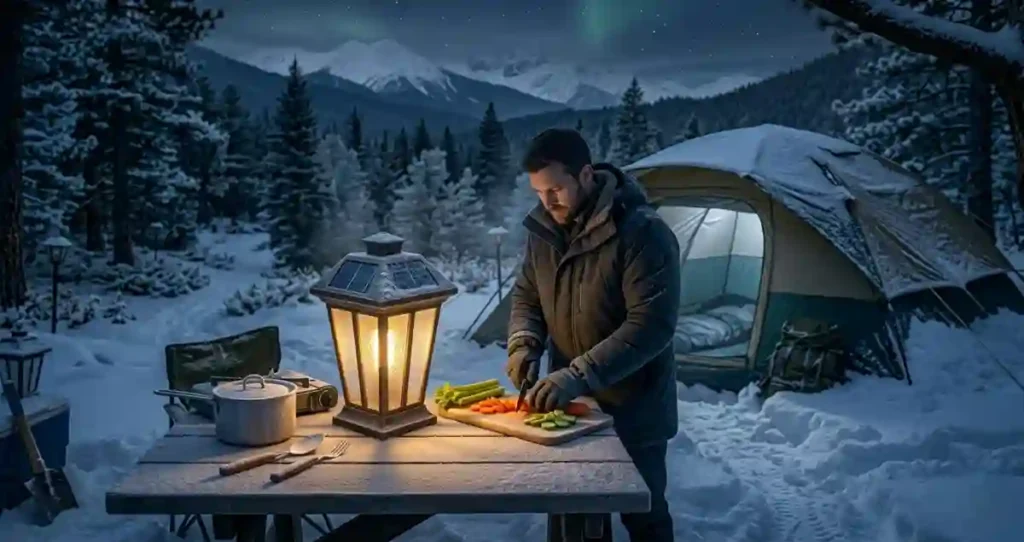 Solar Lanterns for Camping operating in snowy conditions with visible solar panel and winter campsite