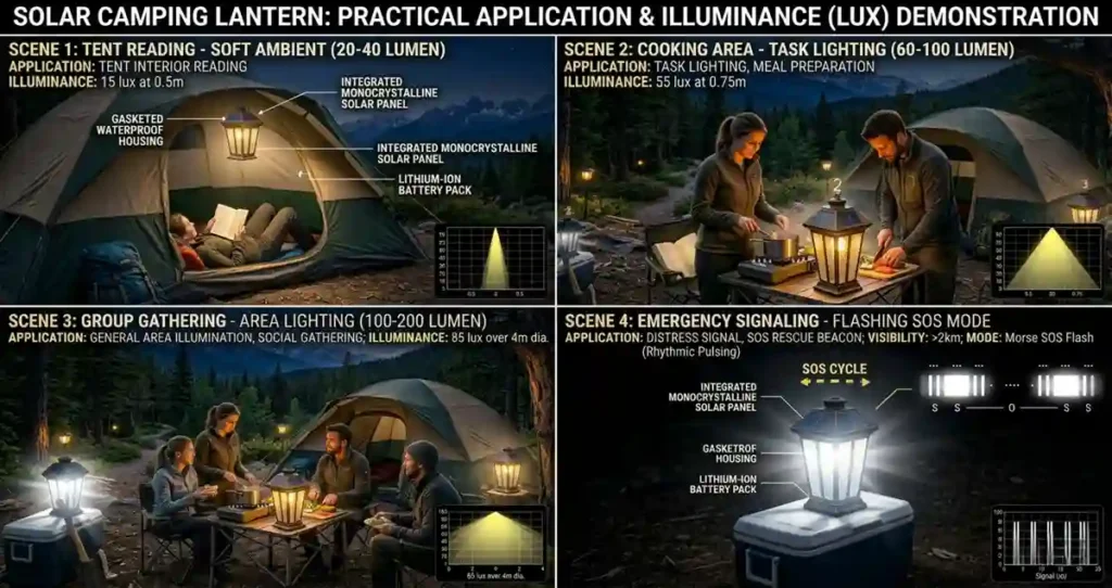 Solar Lanterns for Camping demonstrating different brightness levels for tent, campsite, and emergency use