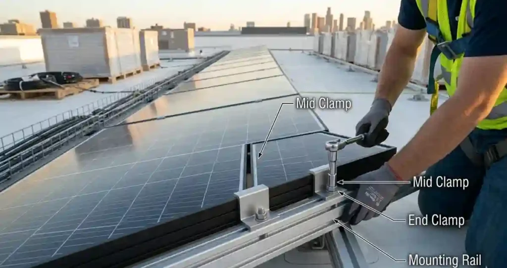 Solar Panel Rail Mounting Kit module installation showing mid clamp, end clamp, and mounting rail connections