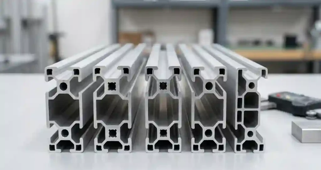 Close-up of aluminum solar mounting rail profiles showing T-slot channel geometry used in photovoltaic mounting systems