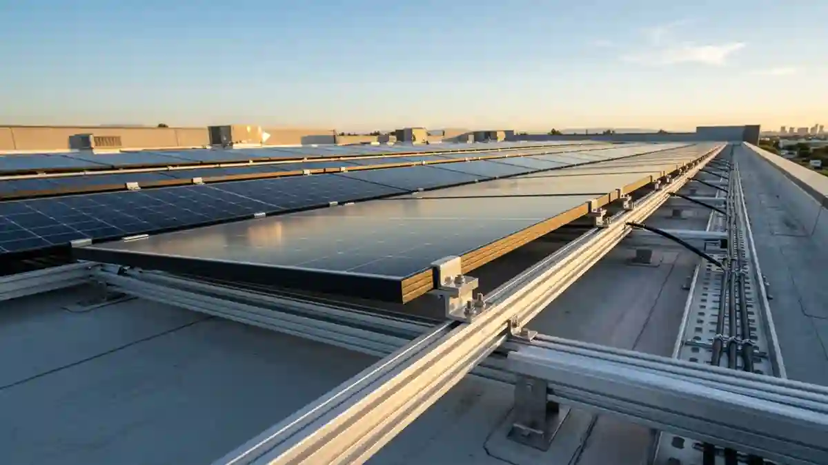 Commercial rooftop solar array showing aluminum solar mounting rails supporting photovoltaic modules