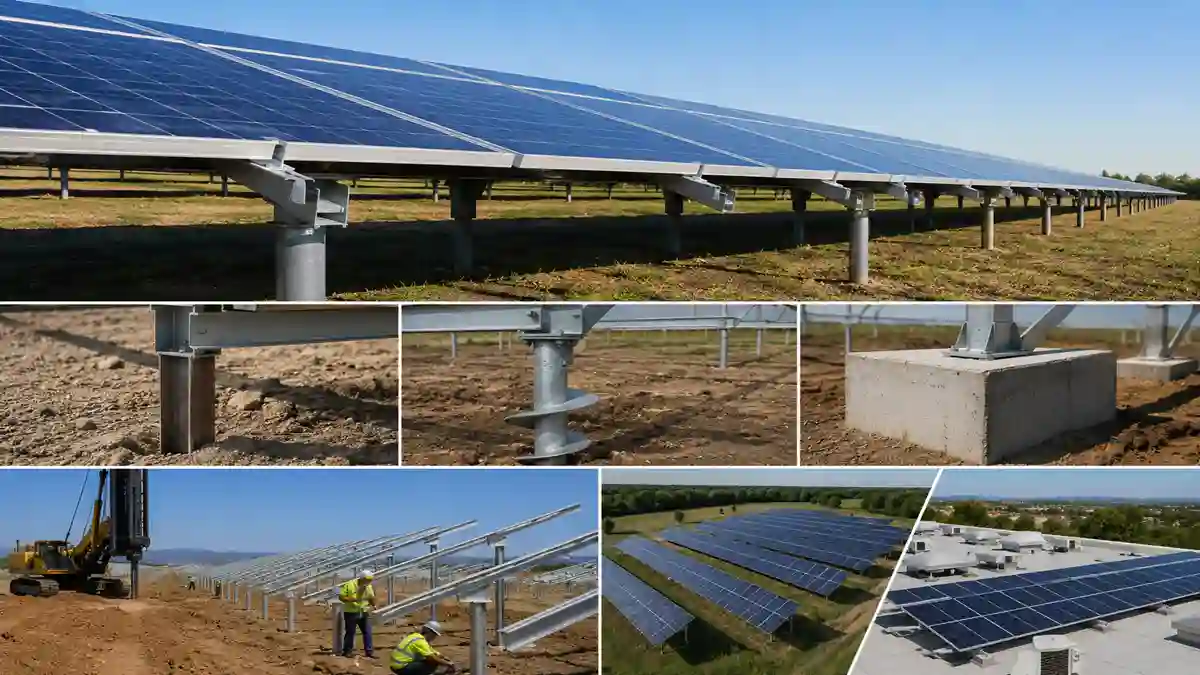 Commercial solar panel ground mounting systems installed on steel pile foundations at a utility-scale solar farm