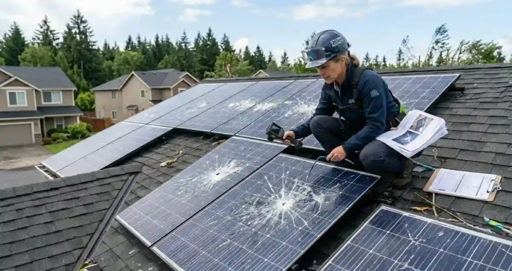 Homeowners insurance claim assessment for damaged rooftop solar panels