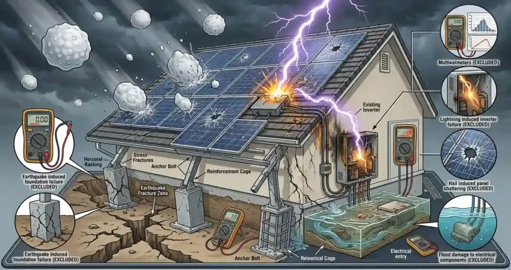 Common solar panel insurance exclusions including flood earthquake and equipment breakdown