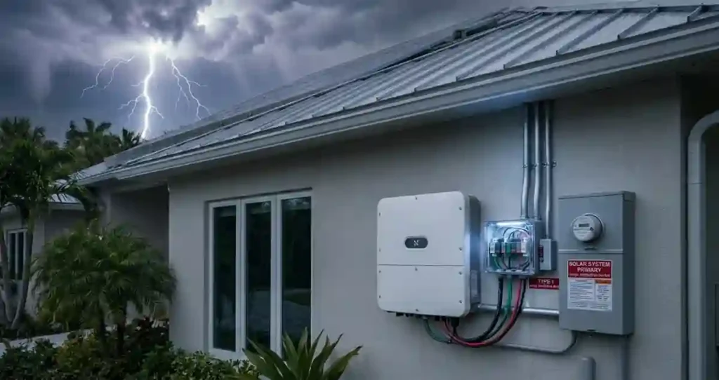 Solar panel weather damage insurance for lightning strikes and inverter surge damage