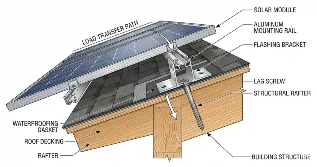 Solar panel mounting brackets installation showing flashing bracket, mounting rail, lag screw, and roof structure