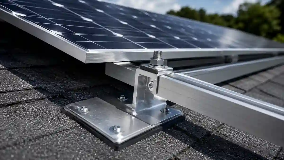 Close-up view of solar panel mounting brackets and aluminum rails securely installed on a residential rooftop, showing stainless steel hardware, structural attachment points, and professional solar mounting system engineering.