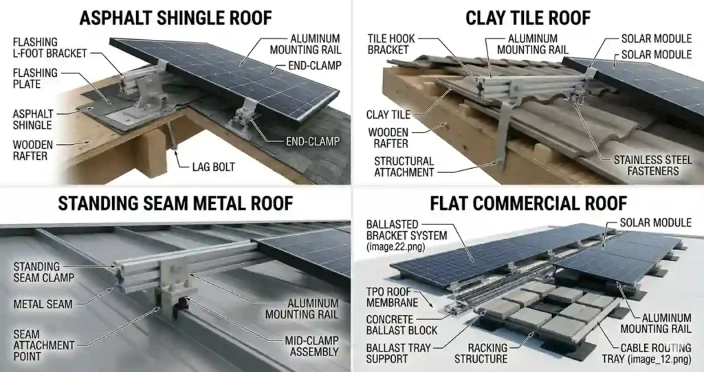Solar panel mounting brackets comparison showing flashing L-foot, tile hook, seam clamp, and ballasted mounting systems