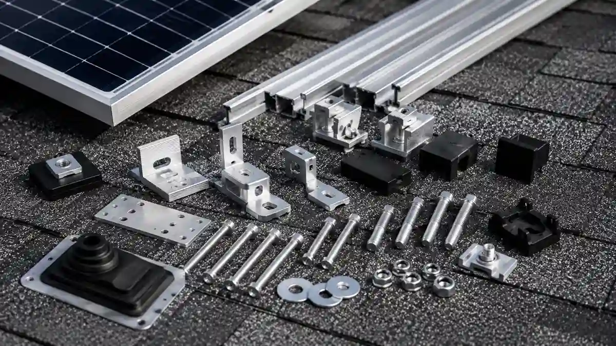 Solar panel mounting brackets with hardware kit displayed on a rooftop surface, featuring aluminum rails, mounting clamps, stainless steel bolts, washers, flashing components, and solar installation accessories.