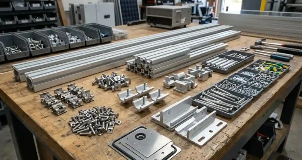 Solar panel mounting brackets with hardware kit including rails, clamps, flashing, fasteners, and grounding components.