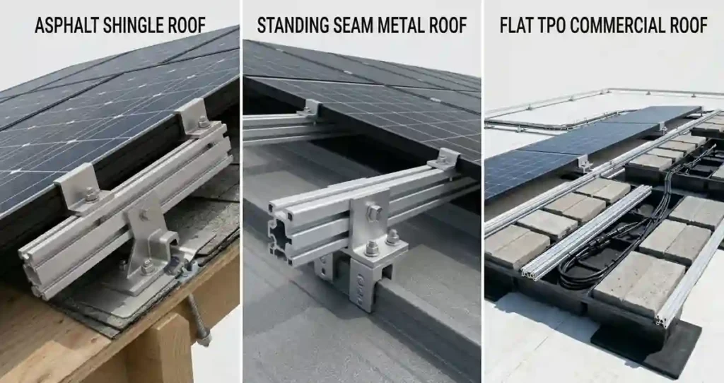 Solar panel mounting brackets with hardware installed on asphalt shingle, standing seam metal, and flat membrane roofs.