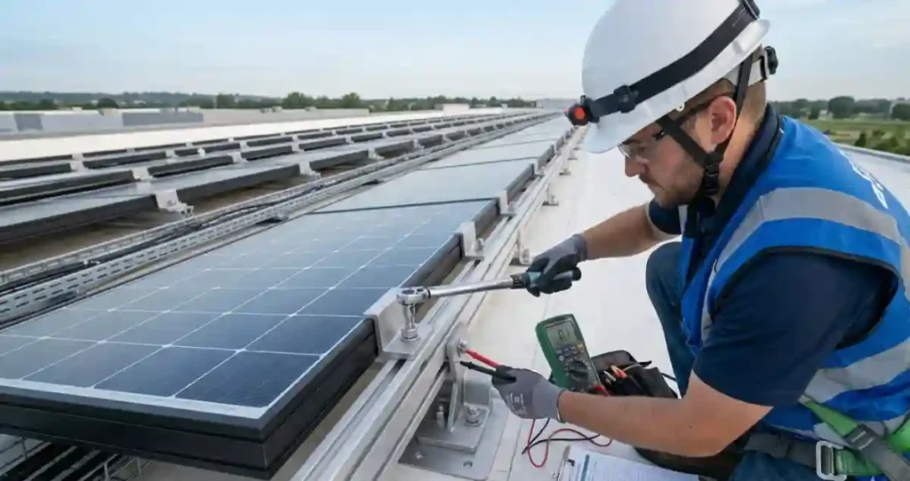 Solar Panel Rail Mounting Kit commissioning verification using a torque wrench and multimeter during final inspection