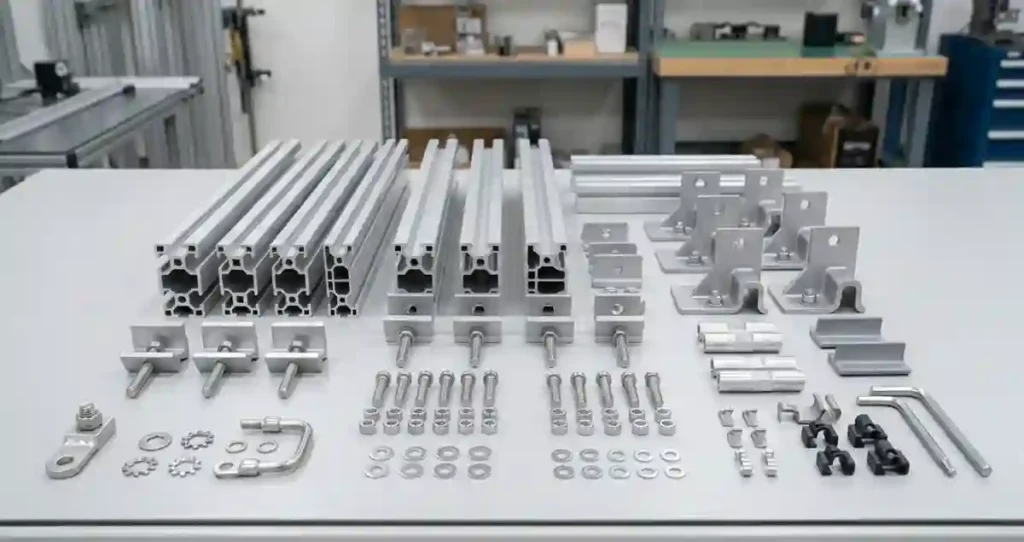 Solar Panel Rail Mounting Kit components including rails, mid clamps, end clamps, roof brackets, fasteners, and grounding hardware