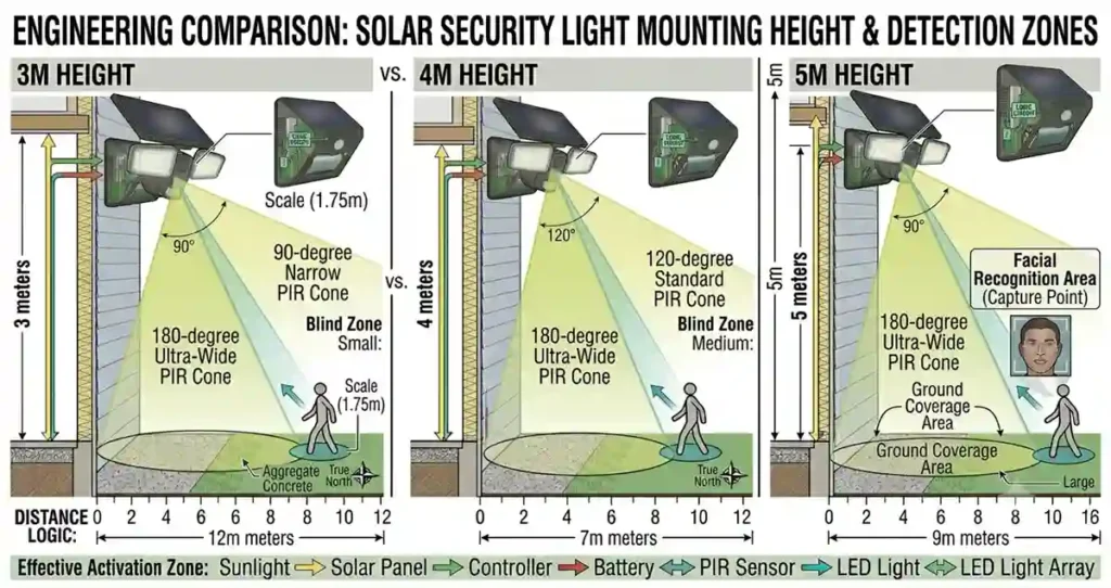 Detection angle geometry and blind zone area of solar powered flood light motion sensors