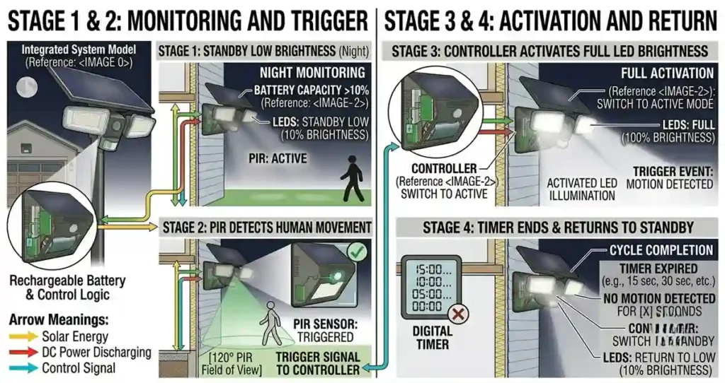 How motion sensors activate solar powered flood lights using PIR detection