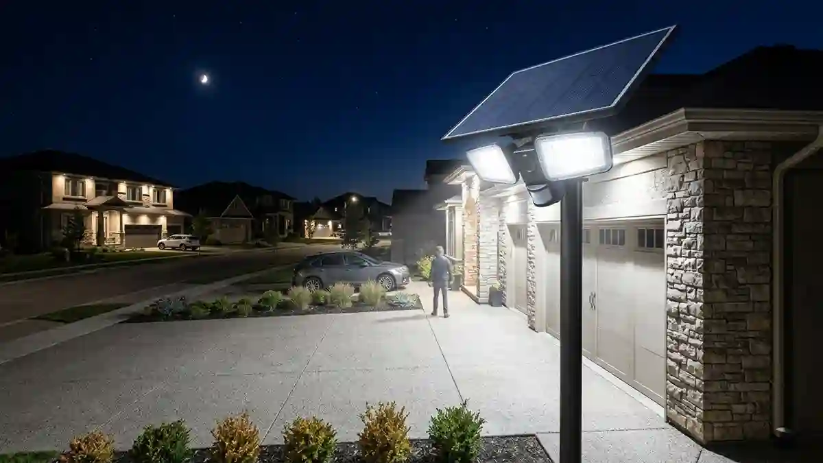 Solar powered flood lights with motion sensor illuminating an outdoor security area