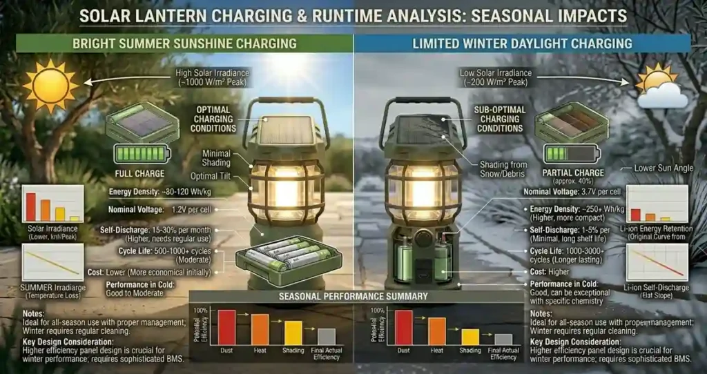 Solar powered lanterns operating under summer and winter sunlight conditions