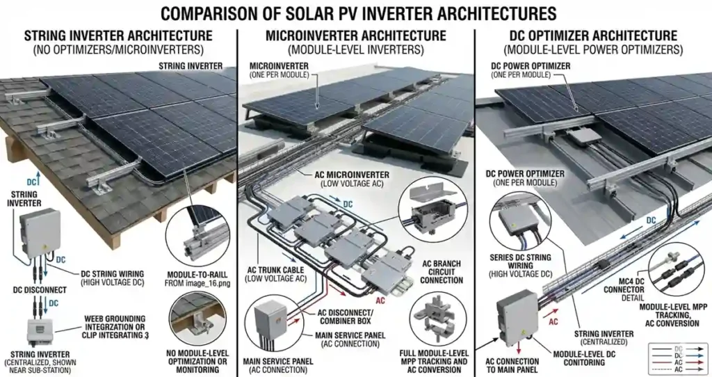 Solar PV panel mounting systems with string inverter, microinverter, and DC optimizer architectures